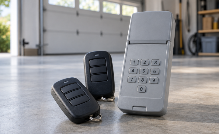 Illustration of garage door remotes and a wireless keypad